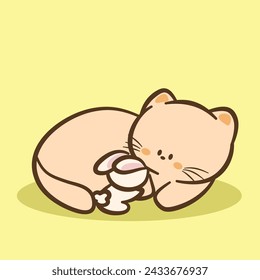 Hand draw cute Cat and Rabbit cartoon character vector on color background. Cartoon character design. Cute Animals character for kids. Vector illustration.