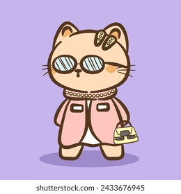Hand draw cute Cat and Rabbit cartoon character vector on color background. Cartoon character design. Cute Animals character for kids. Vector illustration.