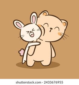Hand draw cute Cat and Rabbit cartoon character vector on color background. Cartoon character design. Cute Animals character for kids. Vector illustration.