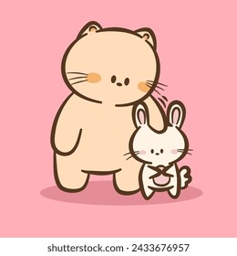 Dibujo a mano lindo gato y conejo personaje de dibujos animados vector sobre fondo de color. Diseño de personajes de dibujos animados. Carácter de animales lindos para los niños. Ilustración vectorial.