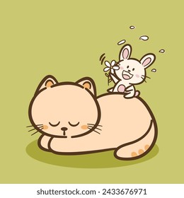 Hand draw cute Cat and Rabbit cartoon character vector on color background. Cartoon character design. Cute Animals character for kids. Vector illustration.
