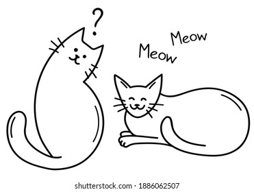 Hand draw cute cats in doodle style. Smiling cat lies on a blanket. Interrogative cat sits with his head to one side. Satisfied domestic cats. Black isolated on a white background. Vector illustration