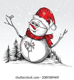 Hand draw cute cheerful snowmen sketch merry christmas card background