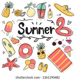 hand draw cute doodle icon summer collection  flat vector illustration