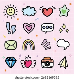 Hand Draw Cute Doodle Icon Emoji Collection.