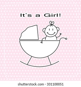 hand draw cute girl in child pram vector polka background.Baby Shower Announcement with text