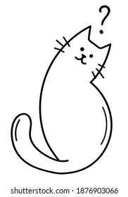 Hand draw cute Interrogative Сat in doodle style. The cat sits with his head to one side. Question mark. A sketch of a sitting domestic cat. Black outlines isolated on a white background. Vector.