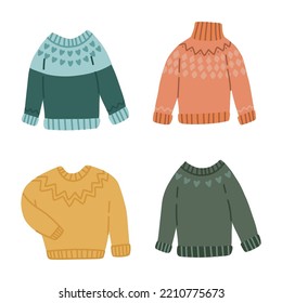 Hand draw cute knitted sweaters set.Cozy winter clothes.