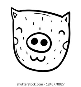 Hand draw cute pig isolated vector illustration. Simple concept simbol 2019 of pig.