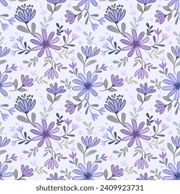 Hand draw cute purple flowers seamless pattern. This pattern can be used for fabric textile wallpaper giftwrap paper background