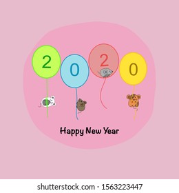Hand draw cute rat with balloon for New year on pink background, Happy new year concept.