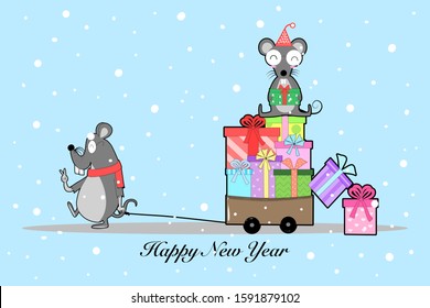 Hand draw cute rat with gift boxes for New year and christmas day background, Holiday concept, Can use as greeting cards, fabric, wrapping paper, invitation, stationery.