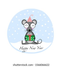 Handgezeichnet süße Ratten Geschenkbox für Neujahr und Weihnachten auf Schneehintergrund, Happy neues Jahr Konzept.