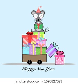 Hand draw cute rat sitting on gift boxes for New year and christmas day on snow background, Happy new year concept.
