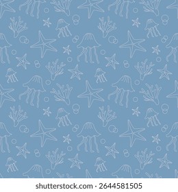 Mão desenhar animal bonito do mar em um fundo azul. Algas marinhas, estrelas-do-mar e águas-vivas para roupas, tecidos, papel de parede, pano de fundo, decoração de casa, livro de capa e arte de parede. 