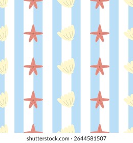 Mão desenhar animal bonito do mar em um fundo azul listrado. Arte padrão sem costura, estrela-do-mar e concha para roupas, tecido, papel de parede, pano de fundo, decoração de casa, livro de capa e arte de parede. 