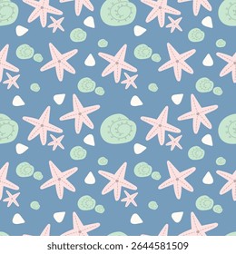 Mão desenhar animal bonito do mar em um fundo azul. Arte padrão sem costura, estrela-do-mar e concha para roupas, tecido, papel de parede, pano de fundo, decoração de casa, livro de capa e arte de parede. 