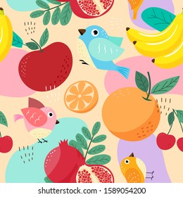 Hand draw cute seamless pattern bird with fruits, Watermelon, Banana, Apple, Pomegranate, Orange, Cherry, Strawberry and leaf on green pastel background. Vector illustration.