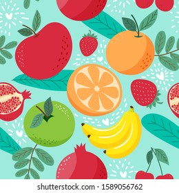 Hand draw cute seamless pattern  fruits, Watermelon, Banana, Apple, Pomegranate, Orange, Cherry, Strawberry and leaf on green pastel background. Vector illustration.