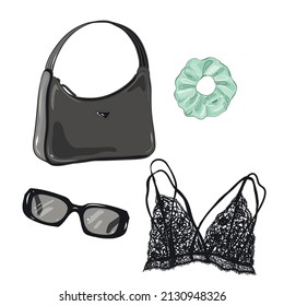 Hand draw cute set with black nylon bag, trendy sunglasses and black lace underwear.Vector illustration.