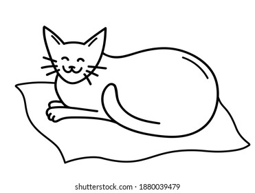 Hand draw cute smiling cat lies on a blanket. Satisfied cat in doodle style. Sleeping pet. Black outlines isolated on a white background. Design for postcard, stickers, booklets. Vector illustration.