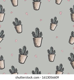 Hand Draw Cute Succulent Cactus Seamless Pattern Background Pastel Watercolor Style for Fabric , Paper ,Card ,Wallpaper ,Textile Surface