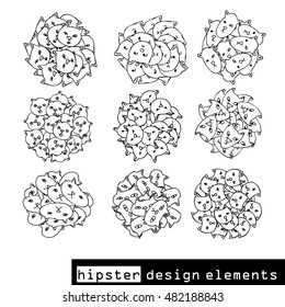 hand draw cute vector cats design elements. monochrome circle hipster doodle cartoon cat elements
