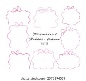 Hand draw cute whimsical ribbon frame Coquette pink bow Decoration valentines Wedding card illustration