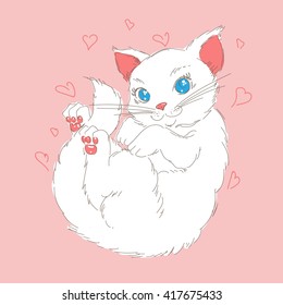 Hand draw cute white cat girl with hearts on pink background