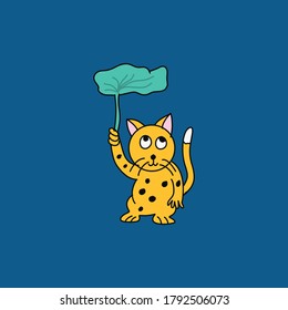 Hand draw cute yellow cat with black dots holding large green leaf over its head on blue background.