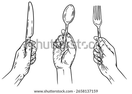 Hand draw cutlery in human hands. Set monochrome design elements. Kitchen fork, spoon and knife for food. Vintage vector illustration.