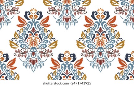 Hand draw Damask Ikat floral pattern.vector illustration.Ikat oriental embroidery.Aztec style abstract vector illustration.white background.great for textiles, banners, wallpapers.