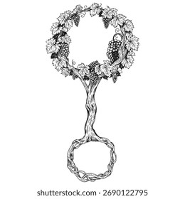 Hand draw decoration grape tree or bush in vintage sketch style. Monochrome vector creative illustration with crown made of leaves and roots.