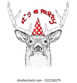 Hand draw deer in a celebratory cap. Vector illustration