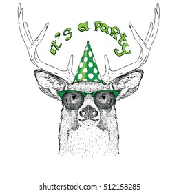 Hand draw deer in a celebratory cap. Vector illustration