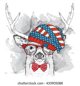 Hand draw deer in  USA hat. Vector illustration