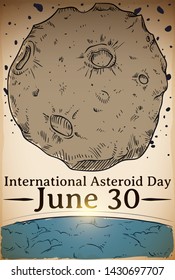 Hand draw design of an asteroid passing close to the Earth's atmosphere to promote awareness in the International Asteroid Day in June 30.