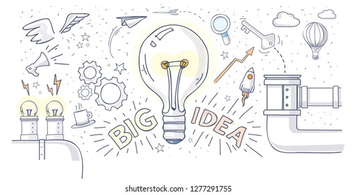 Hand draw design of big idea. Several elements like: pipes, air balloon, clouds, gears, lightbulb, wings, rockets, keys, rays, megaphone and more! unique style for any of your designs