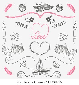 Hand draw design elements love, floral, heart - vector set
