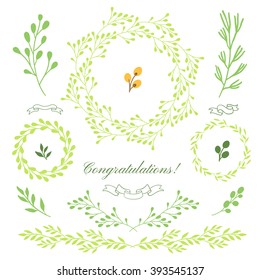 Hand draw design elements for your decorations. Vector illustration on white background with floral border frame. Wreath leaf and flowers.