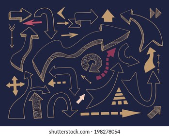 hand draw of different arrows set, marker doodle sketch 