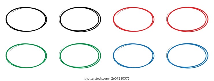 Hand draw different circles, ovals isolated on white background, Handwritten circle for marking text, numbers, marker pen, pencil, logo, hand drawn doodle circle highlights illustration.