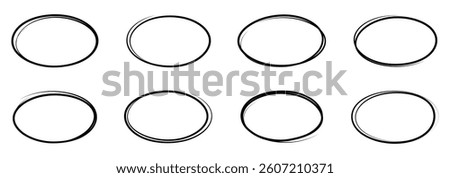 Hand draw different circles, ovals isolated on white background, Handwritten circle for marking text, numbers, marker pen, pencil, logo, hand drawn doodle circle highlights illustration.