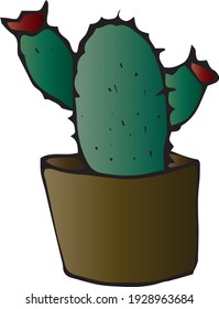 Hand draw digital cactus in pot. Colorful cacti. Vintage