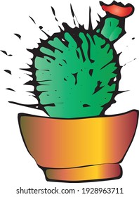 Hand draw digital cactus in pot. Colorful cacti. Vintage