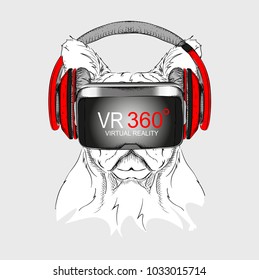 Hand draw dog portrait. Dog in virtual reality glasses . Hand draw vector illustration