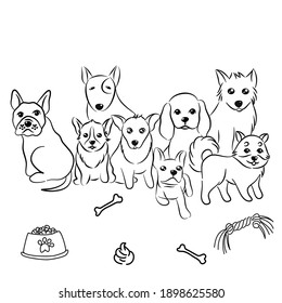 Hand draw dogs, simple design. Set of cute doodle on white background.