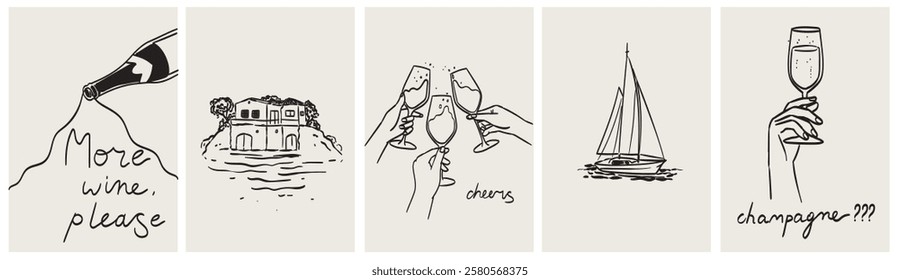 Hand draw dolce vita doodle posters placards or party invitations. Vector illustration of people drinking wine or champagne on sea coast vacation. Minimalist line art drawings for invitations, prints.