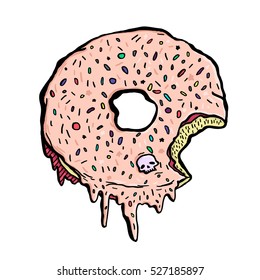 Hand draw donut with pink melting icing and sprinkling with little skull. Bitten doughnut 
over white background.