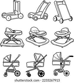 Hand draw doodle baby walker and stroller